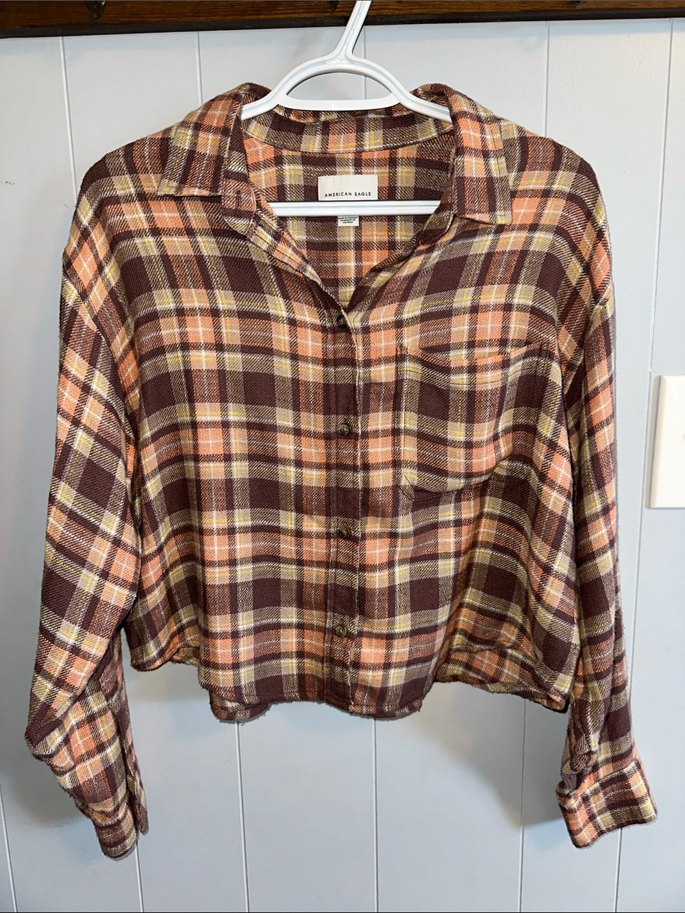 American Eagle Outfitters Plaid Button-Down Shirt in Brown and Cream